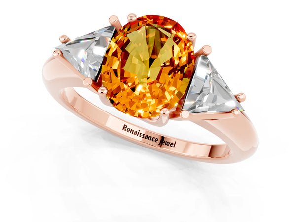 Rose gold Three-Stone Oval Cut Citrine Engagement Ring with Trillion Side Stones and Prong Setting