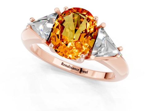 Rose gold Three-Stone Oval Cut Cut Diamond Ring with Trillion Side Stones and Four-Prong Setting_1