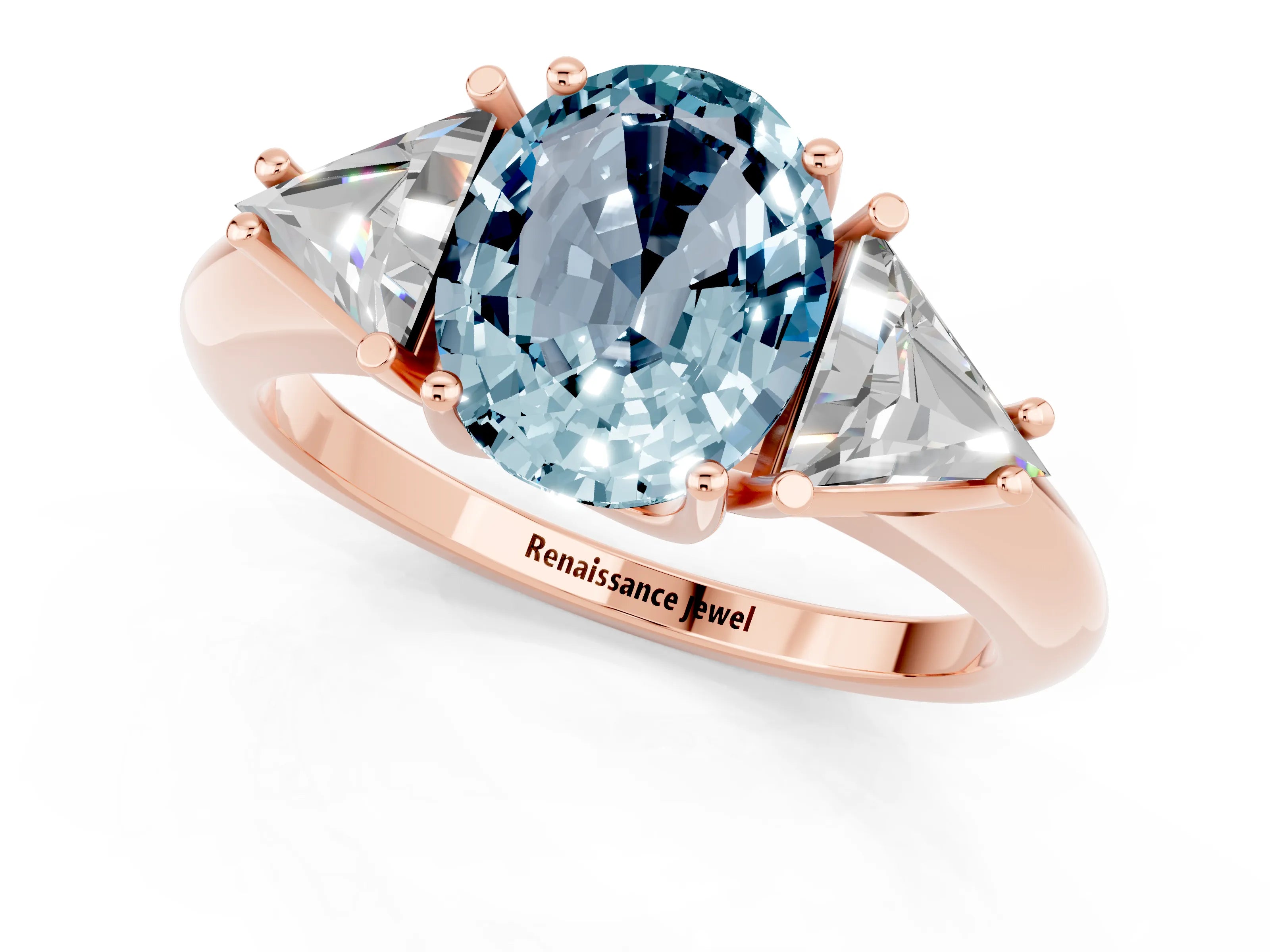 Rose gold Three-Stone Oval Cut Cut Diamond Ring with Trillion Side Stones and Four-Prong Setting_1