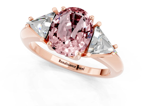 Rose gold Three-Stone Oval Cut Cut Diamond Ring with Trillion Side Stones and Four-Prong Setting
