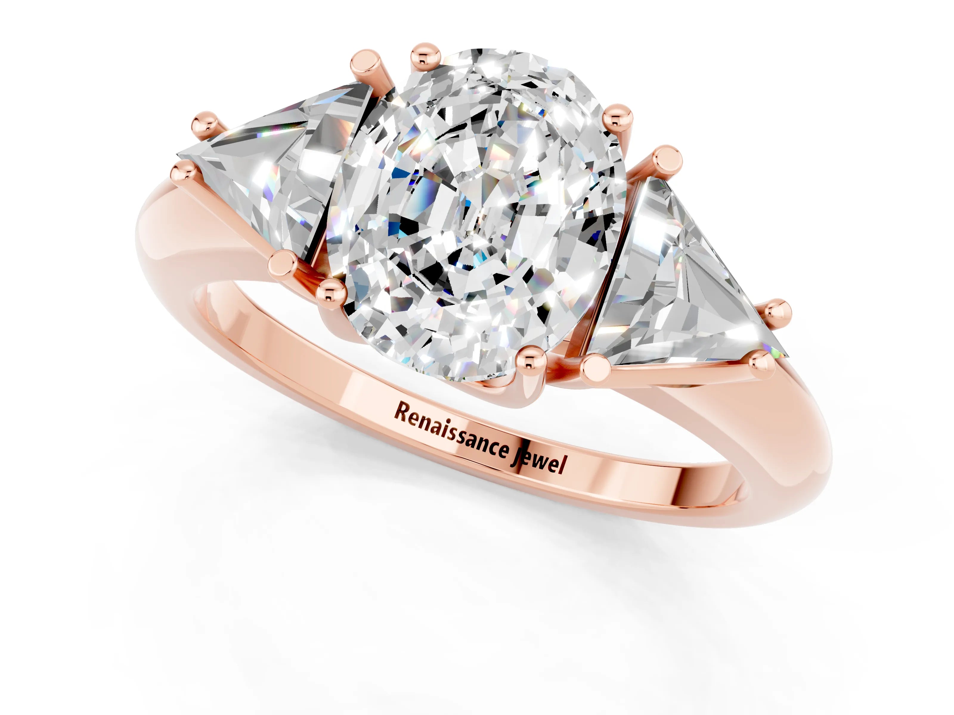 Rose gold Three-Stone Oval Cut Cut Diamond Ring with Trillion Side Stones and Four-Prong Setting_1