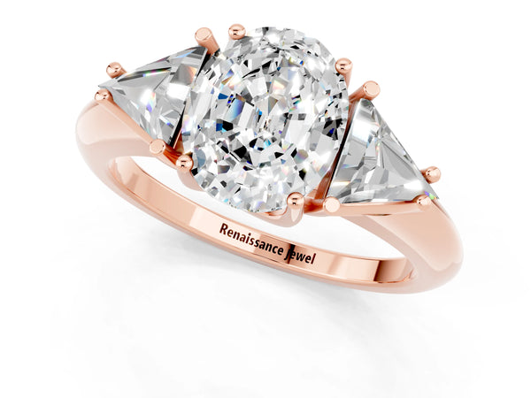 Rose gold Three-Stone Oval Cut Moissanite Engagement Ring with Trillion Side Stones and Prong Setting