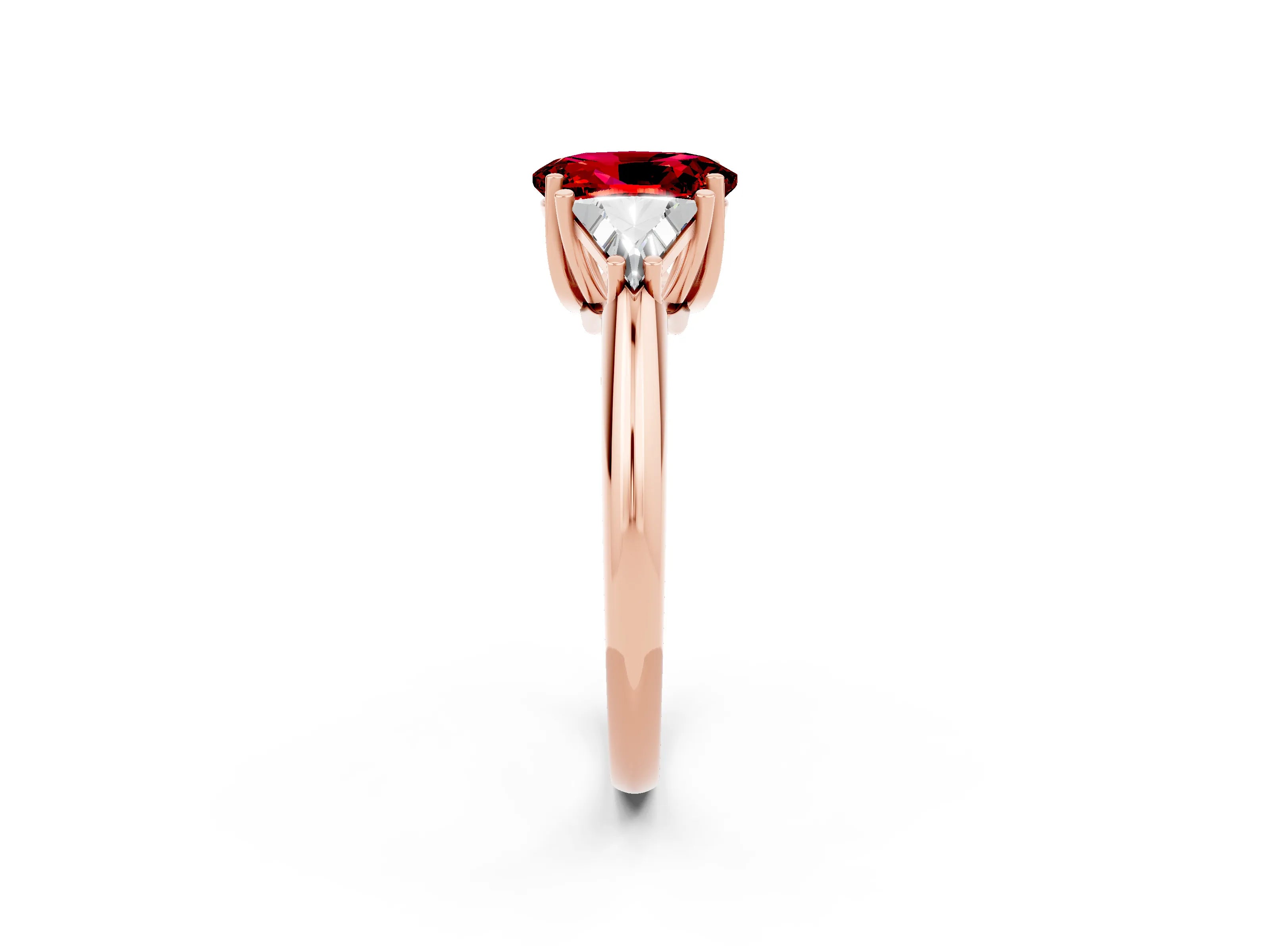 Rose gold Three-Stone Oval Cut Cut Diamond Ring with Trillion Side Stones and Four-Prong Setting_2