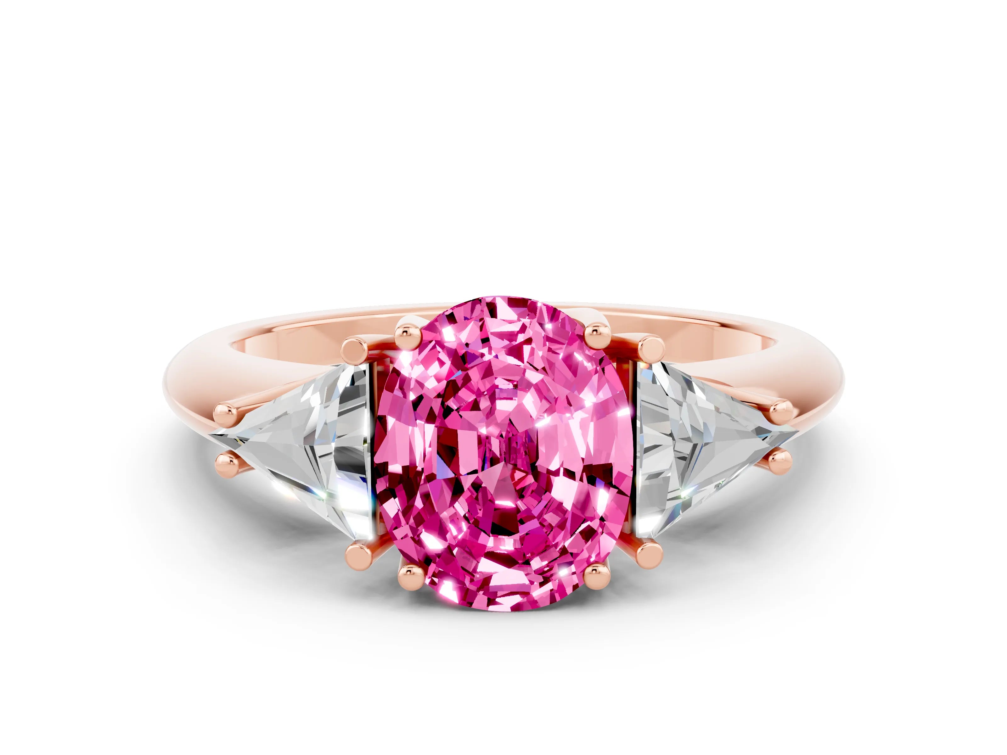Rose gold Three-Stone Oval Cut Cut Diamond Ring with Trillion Side Stones and Four-Prong Setting