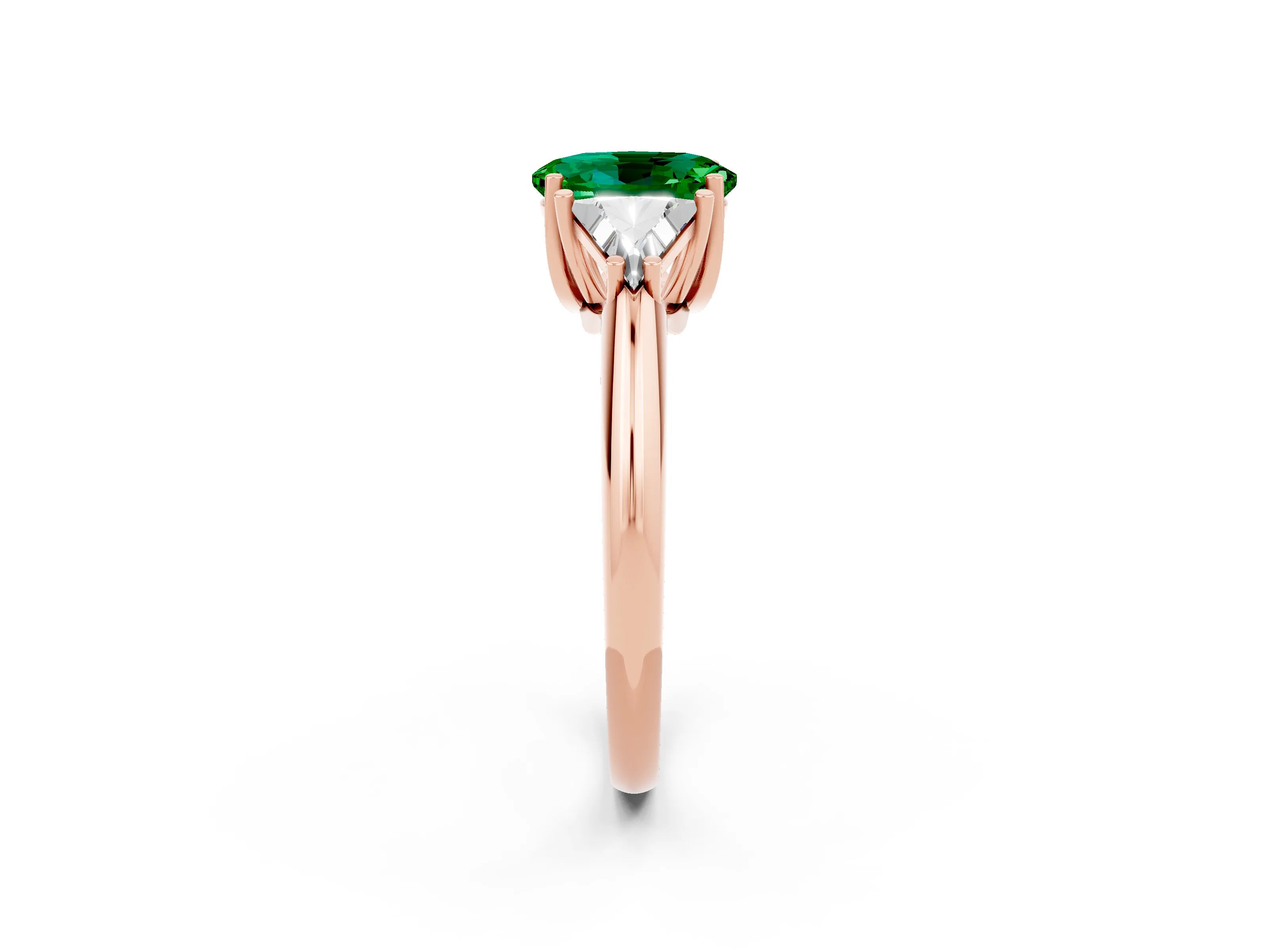 Rose gold Three-Stone Oval Cut Cut Diamond Ring with Trillion Side Stones and Four-Prong Setting_2
