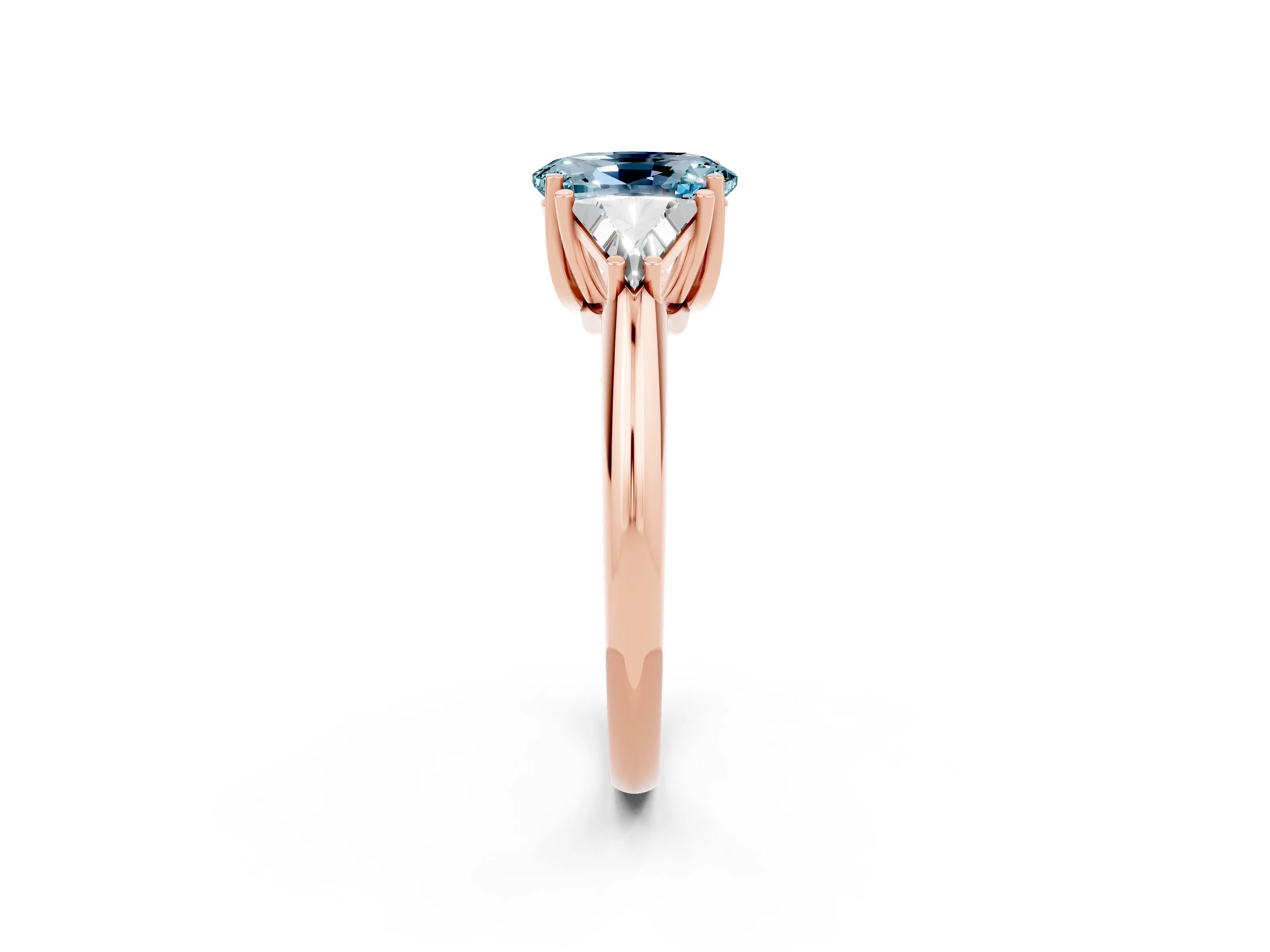 Rose gold Three-Stone Oval Cut Cut Diamond Ring with Trillion Side Stones and Four-Prong Setting_2