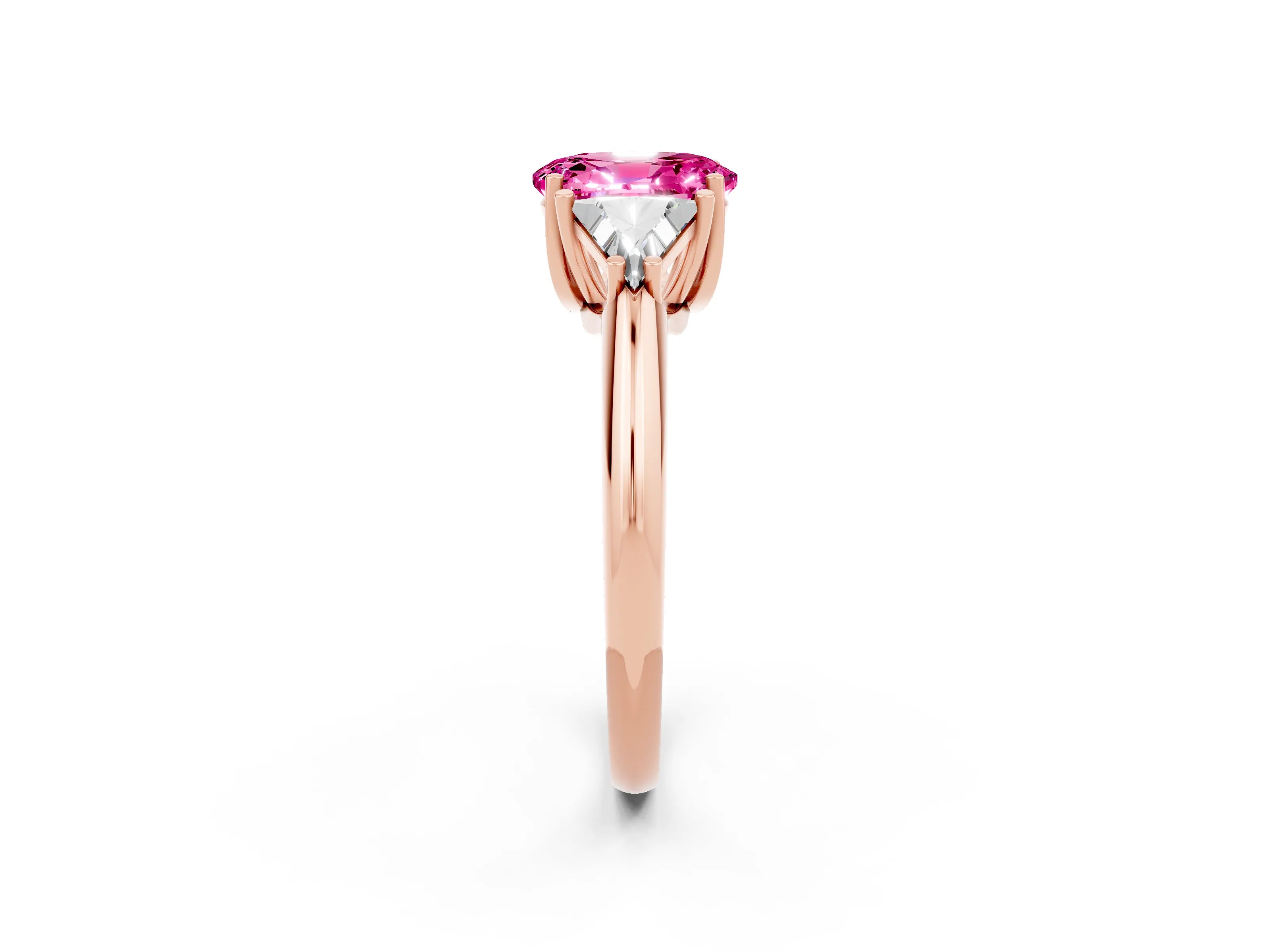 Rose gold Three-Stone Oval Cut Cut Diamond Ring with Trillion Side Stones and Four-Prong Setting_2
