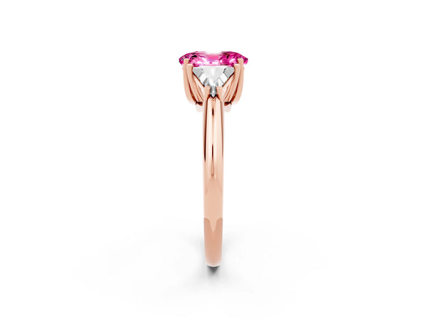 Rose gold Three-Stone Oval Cut Cut Diamond Ring with Trillion Side Stones and Four-Prong Setting