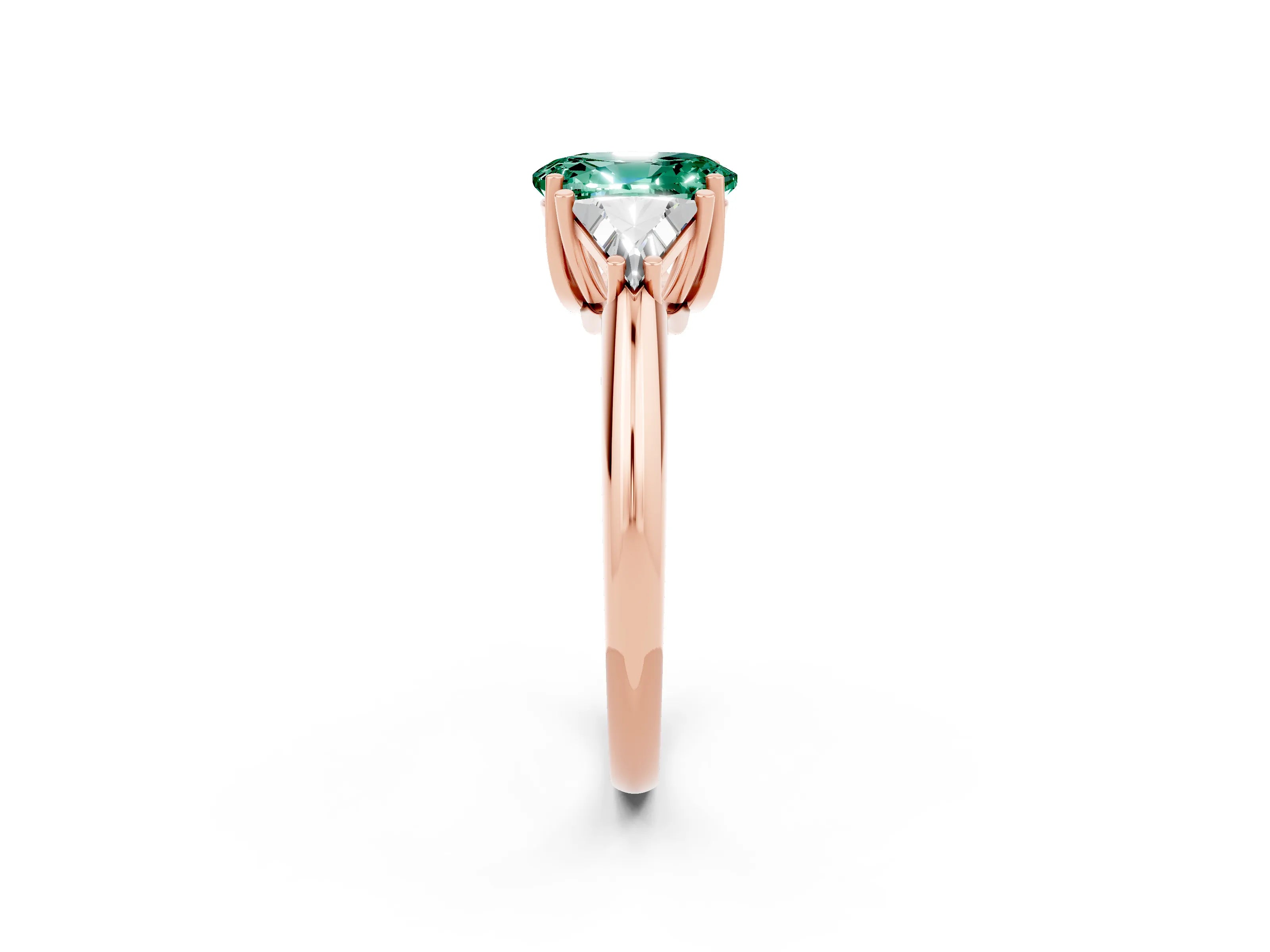 Rose gold Three-Stone Oval Cut Cut Diamond Ring with Trillion Side Stones and Four-Prong Setting_2