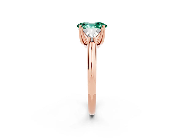 Rose gold Three-Stone Oval Cut Green Sapphire Engagement Ring with Trillion Side Stones and Prong Setting