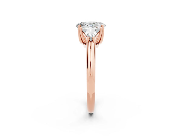 Rose gold Three-Stone Oval Cut Moissanite Engagement Ring with Trillion Side Stones and Prong Setting