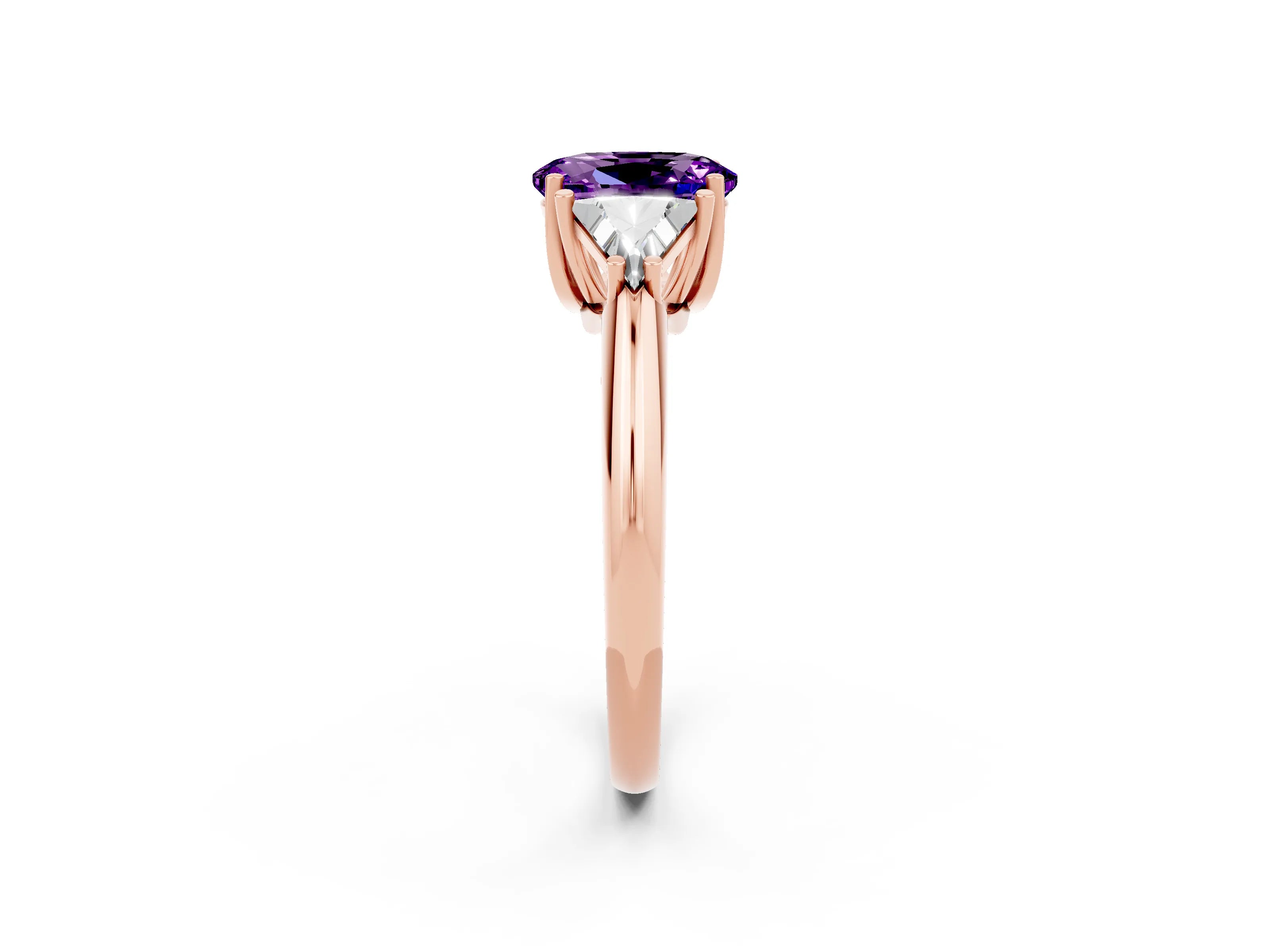 Rose gold Three-Stone Oval Cut Cut Diamond Ring with Trillion Side Stones and Four-Prong Setting_2