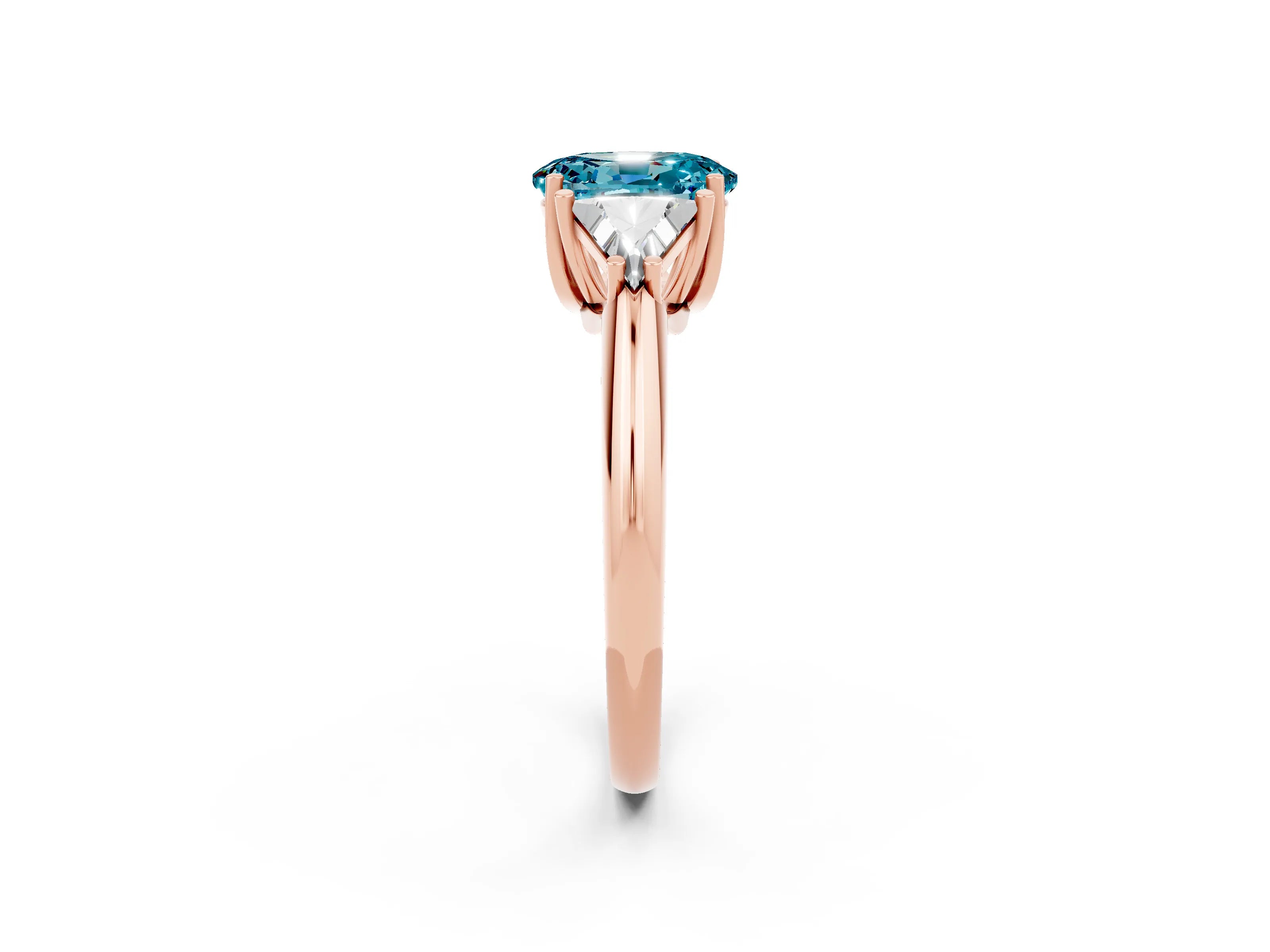 Rose gold Three-Stone Oval Cut Cut Diamond Ring with Trillion Side Stones and Four-Prong Setting_2