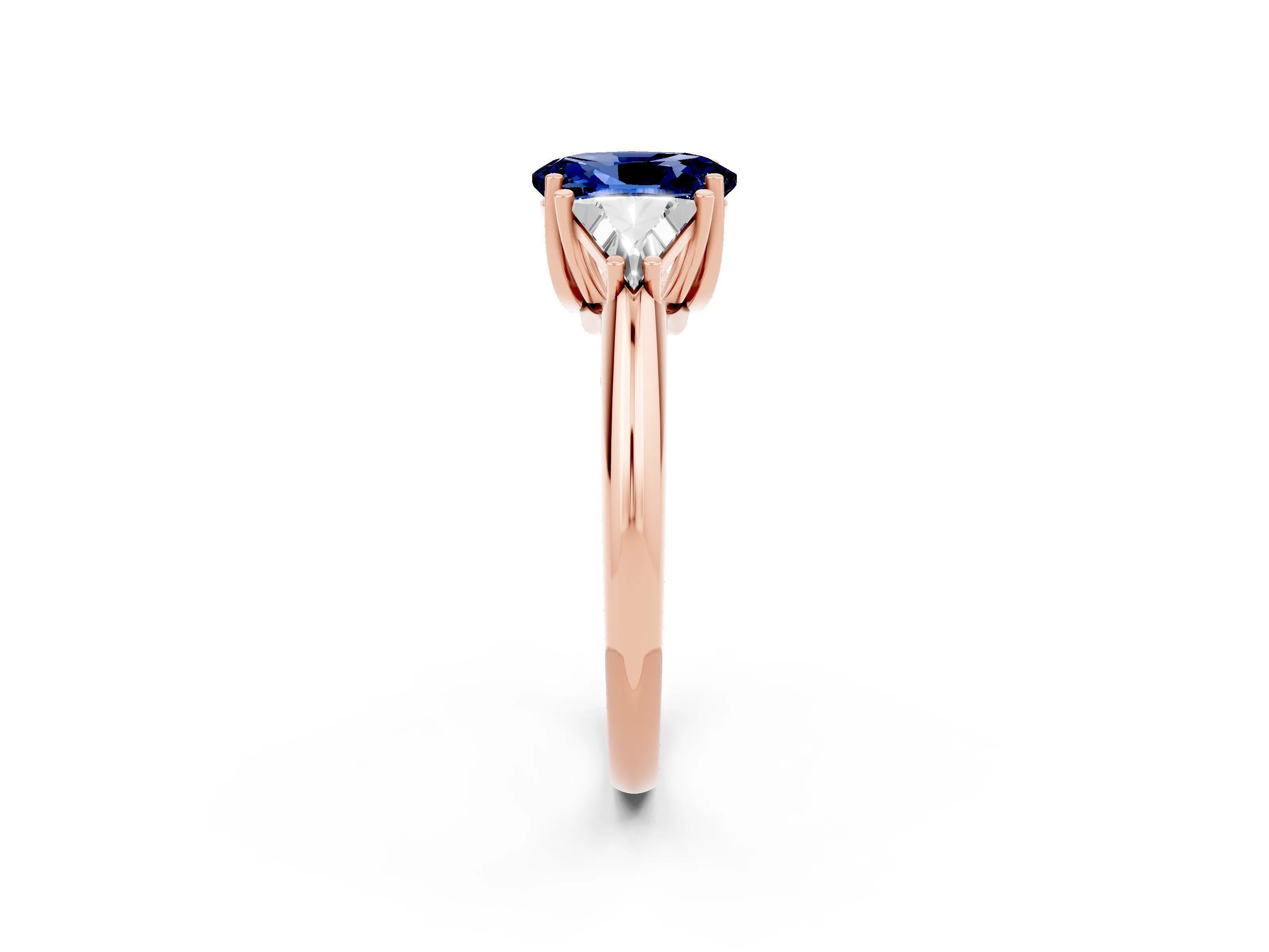 Rose gold Three-Stone Oval Cut Cut Diamond Ring with Trillion Side Stones and Four-Prong Setting_2