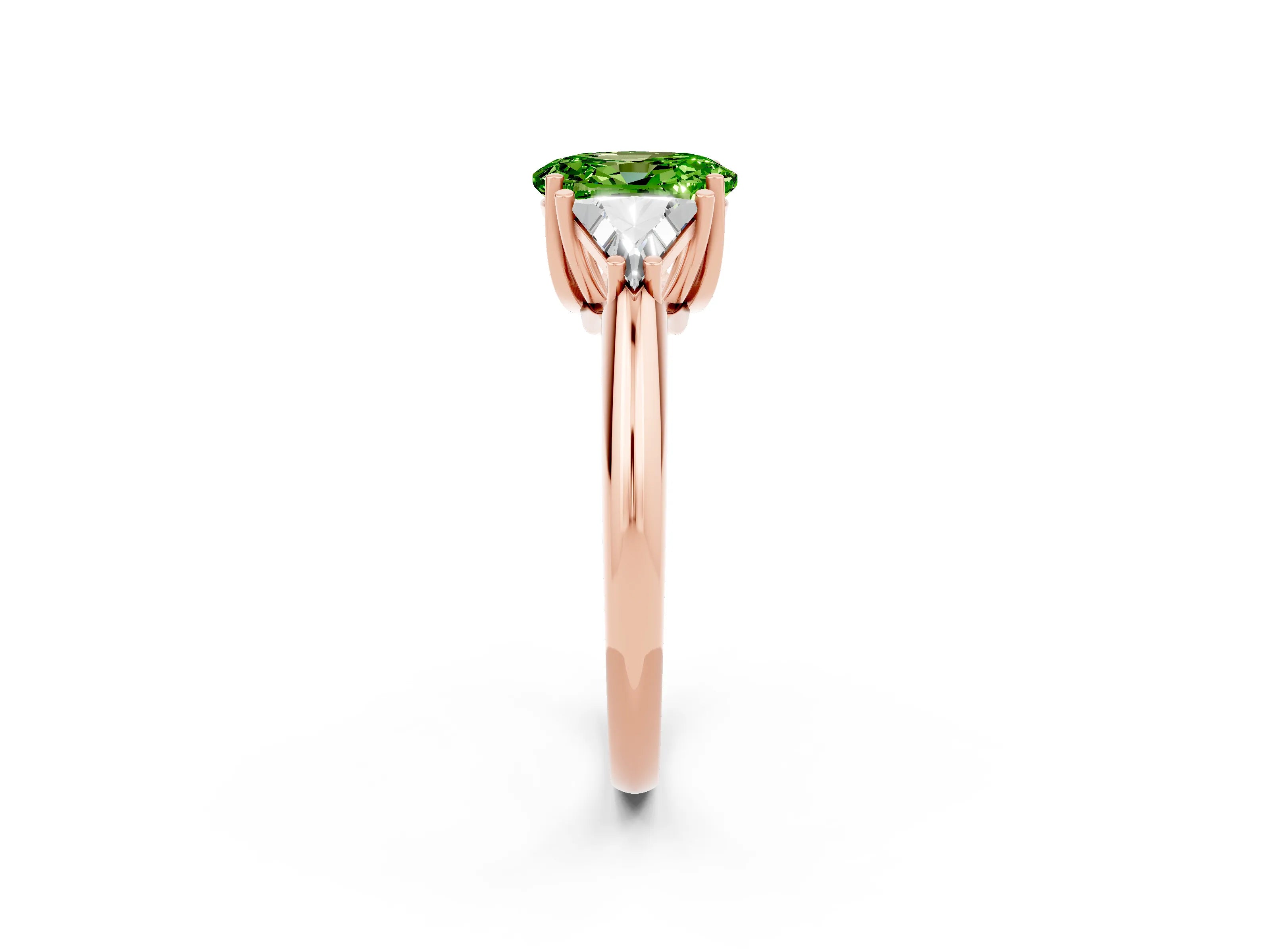 Rose gold Three-Stone Oval Cut Cut Diamond Ring with Trillion Side Stones and Four-Prong Setting_2