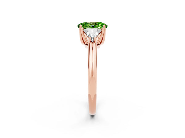 Rose gold Three-Stone Oval Cut Cut Diamond Ring with Trillion Side Stones and Four-Prong Setting