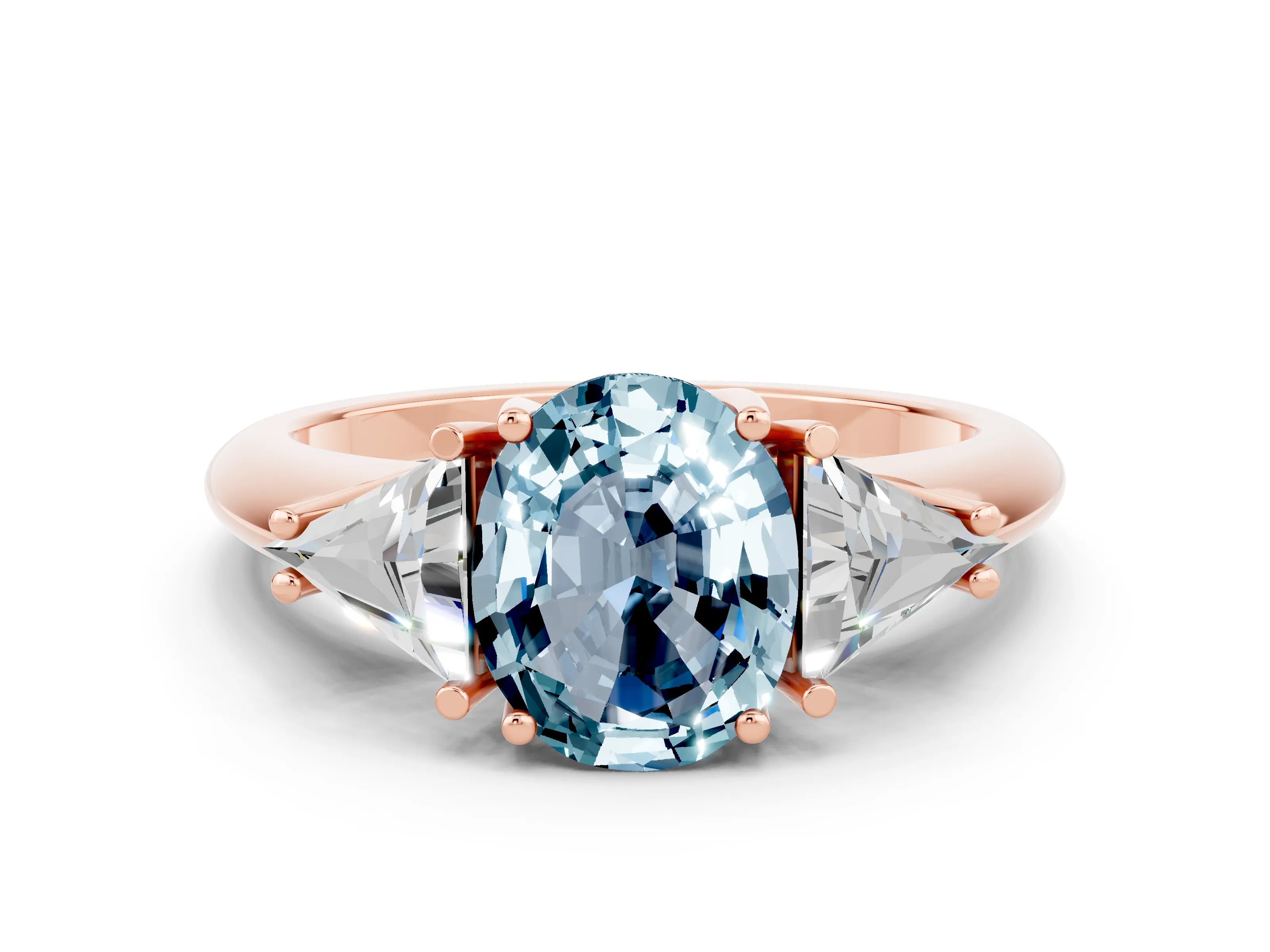 Rose gold Three-Stone Oval Cut Cut Diamond Ring with Trillion Side Stones and Four-Prong Setting