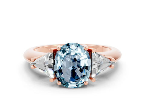 Rose gold Three-Stone Oval Cut Cut Diamond Ring with Trillion Side Stones and Four-Prong Setting
