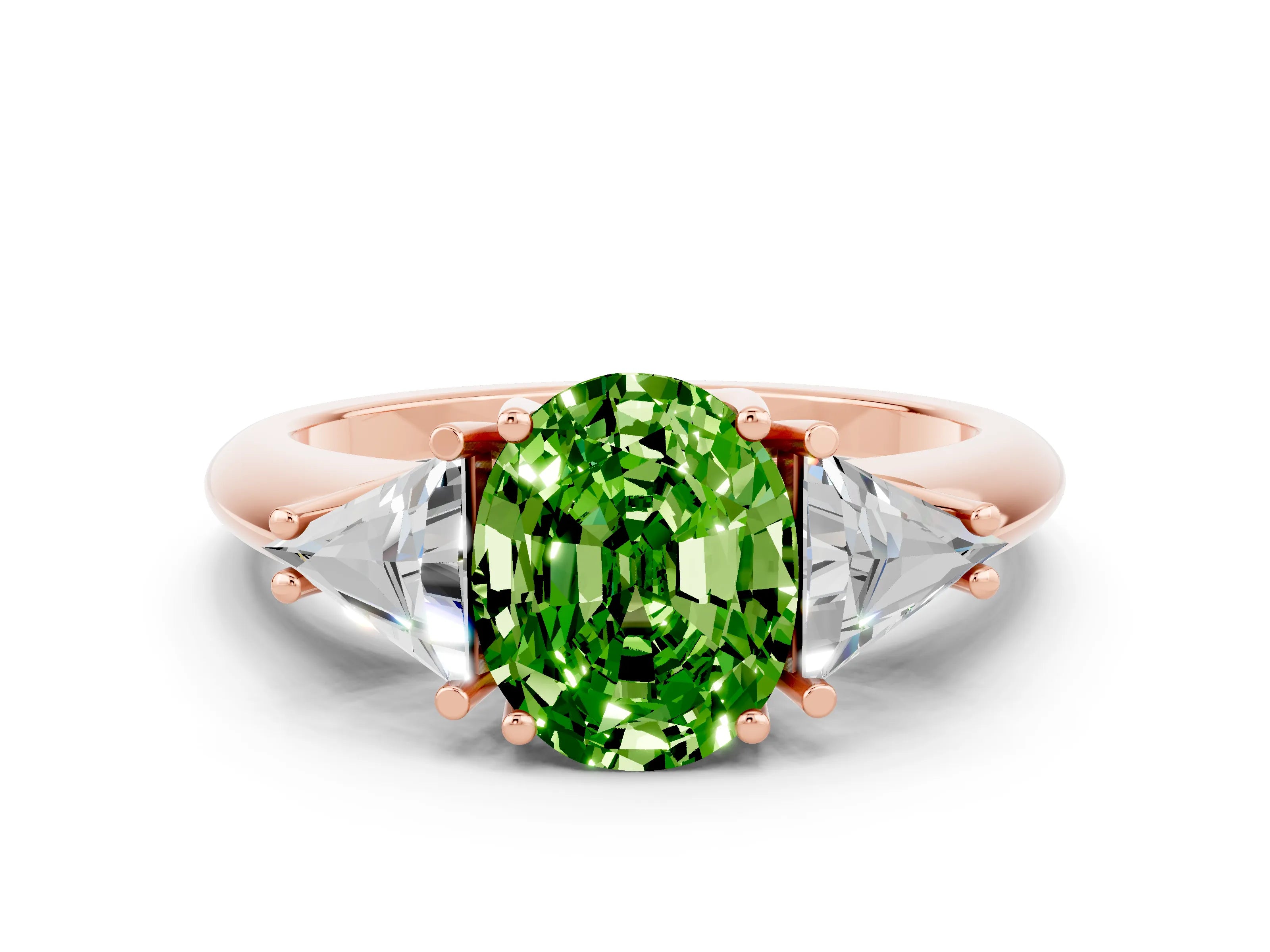 Rose gold Three-Stone Oval Cut Cut Diamond Ring with Trillion Side Stones and Four-Prong Setting
