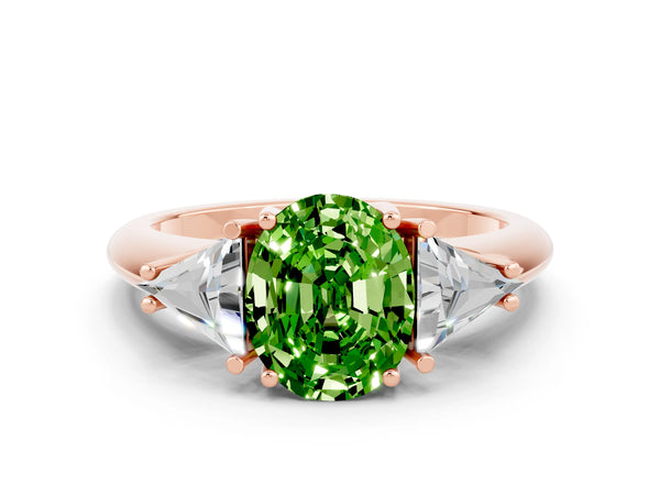 Rose gold Three-Stone Oval Cut Cut Diamond Ring with Trillion Side Stones and Four-Prong Setting