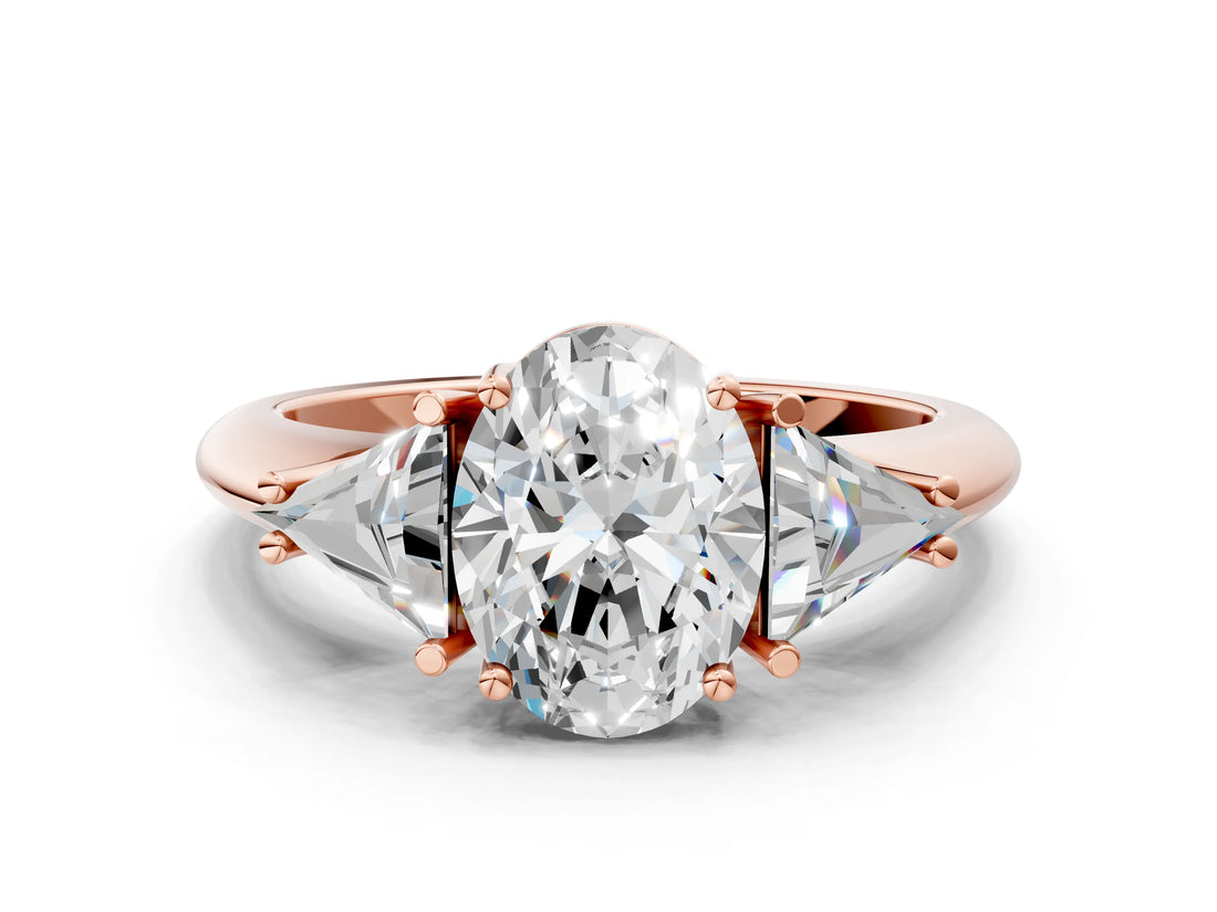 Rose gold Three-Stone Oval Cut Cut Diamond Ring with Trillion Side Stones and Four-Prong Setting_3