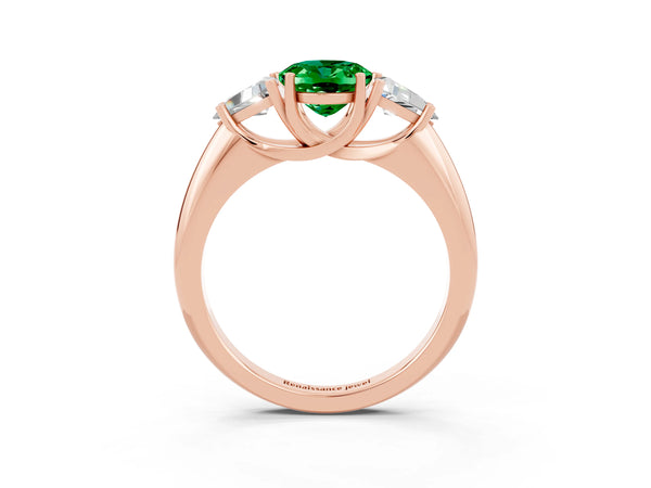 Rose gold Three-Stone Oval Cut Emerald Engagement Ring with Trillion Side Stones and Prong Setting