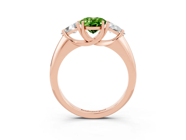 Rose gold Three-Stone Oval Cut Cut Diamond Ring with Trillion Side Stones and Four-Prong Setting