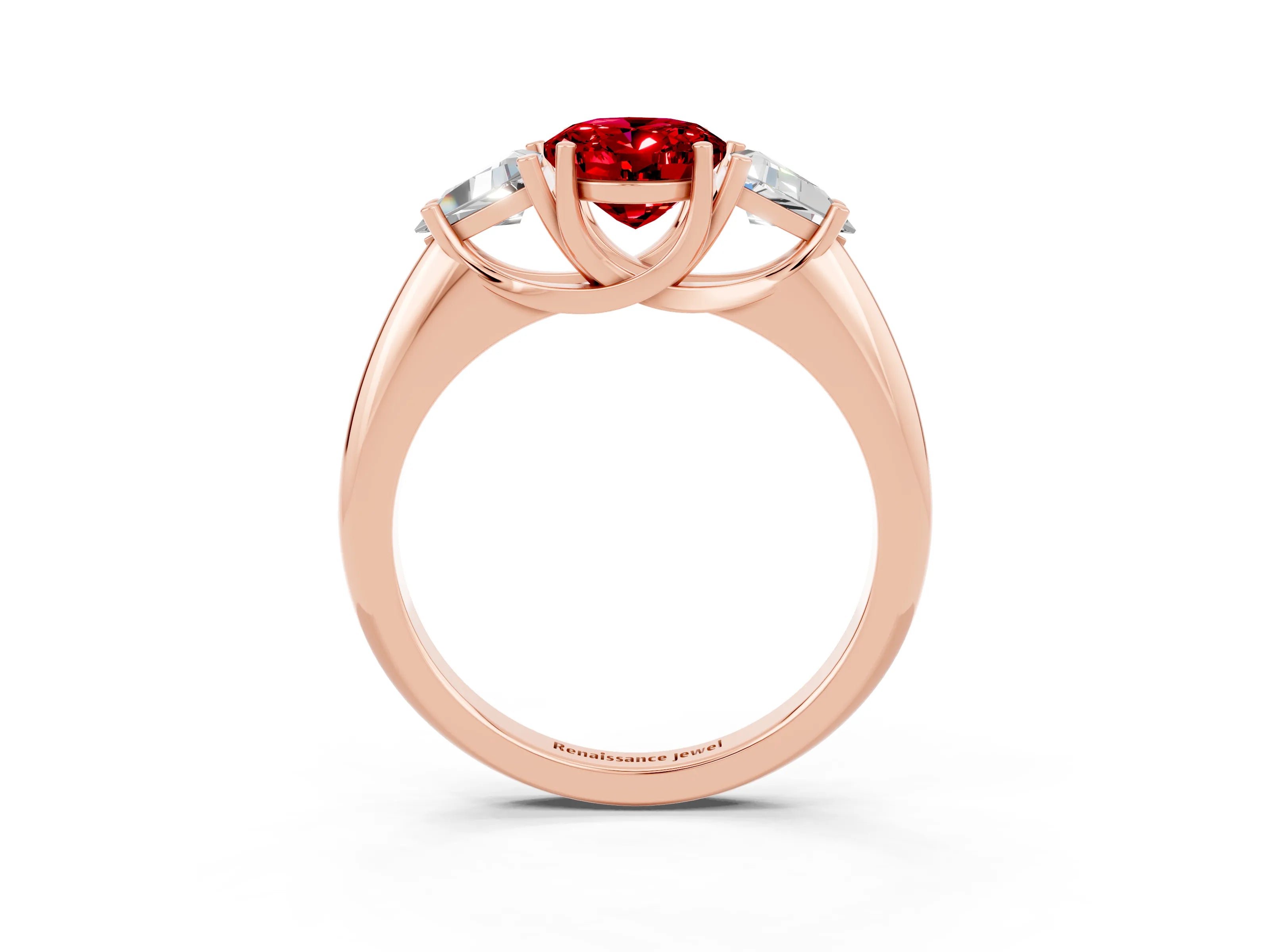 Rose gold Three-Stone Oval Cut Cut Diamond Ring with Trillion Side Stones and Four-Prong Setting_3