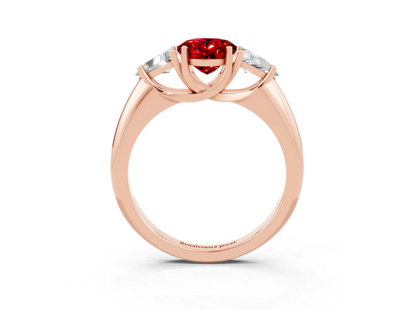 Rose gold Three-Stone Oval Cut Cut Diamond Ring with Trillion Side Stones and Four-Prong Setting