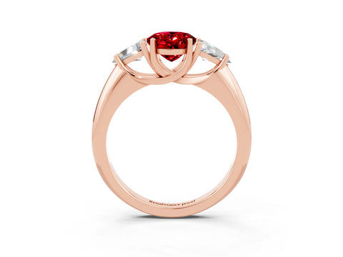 Rose gold Three-Stone Oval Cut Cut Diamond Ring with Trillion Side Stones and Four-Prong Setting_3