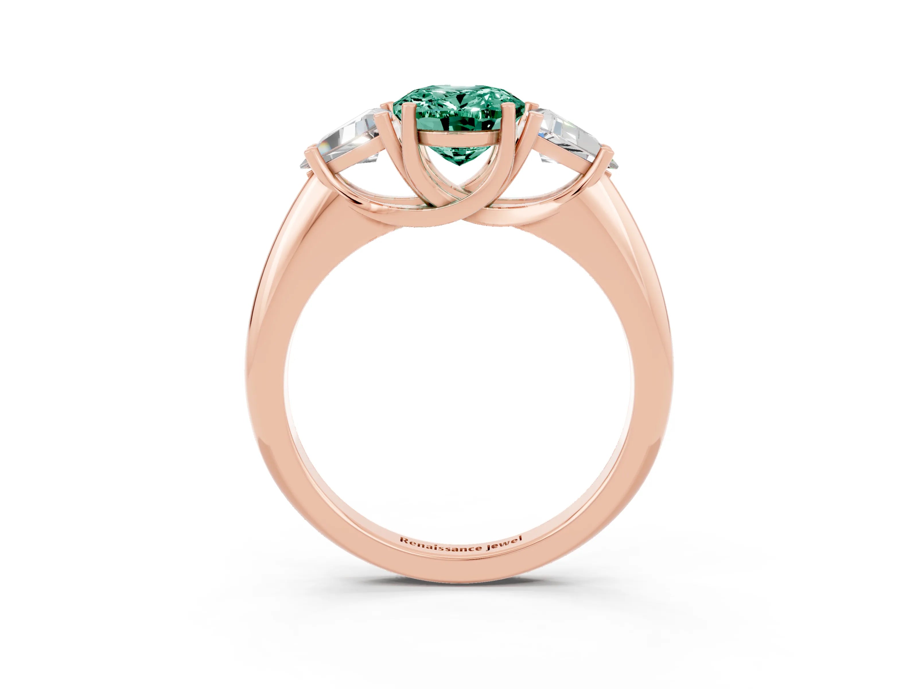 Rose gold Three-Stone Oval Cut Cut Diamond Ring with Trillion Side Stones and Four-Prong Setting_3