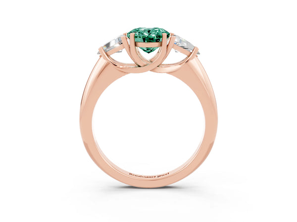 Rose gold Three-Stone Oval Cut Green Sapphire Engagement Ring with Trillion Side Stones and Prong Setting