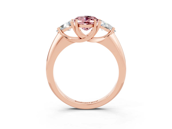 Rose gold Three-Stone Oval Cut Cut Diamond Ring with Trillion Side Stones and Four-Prong Setting