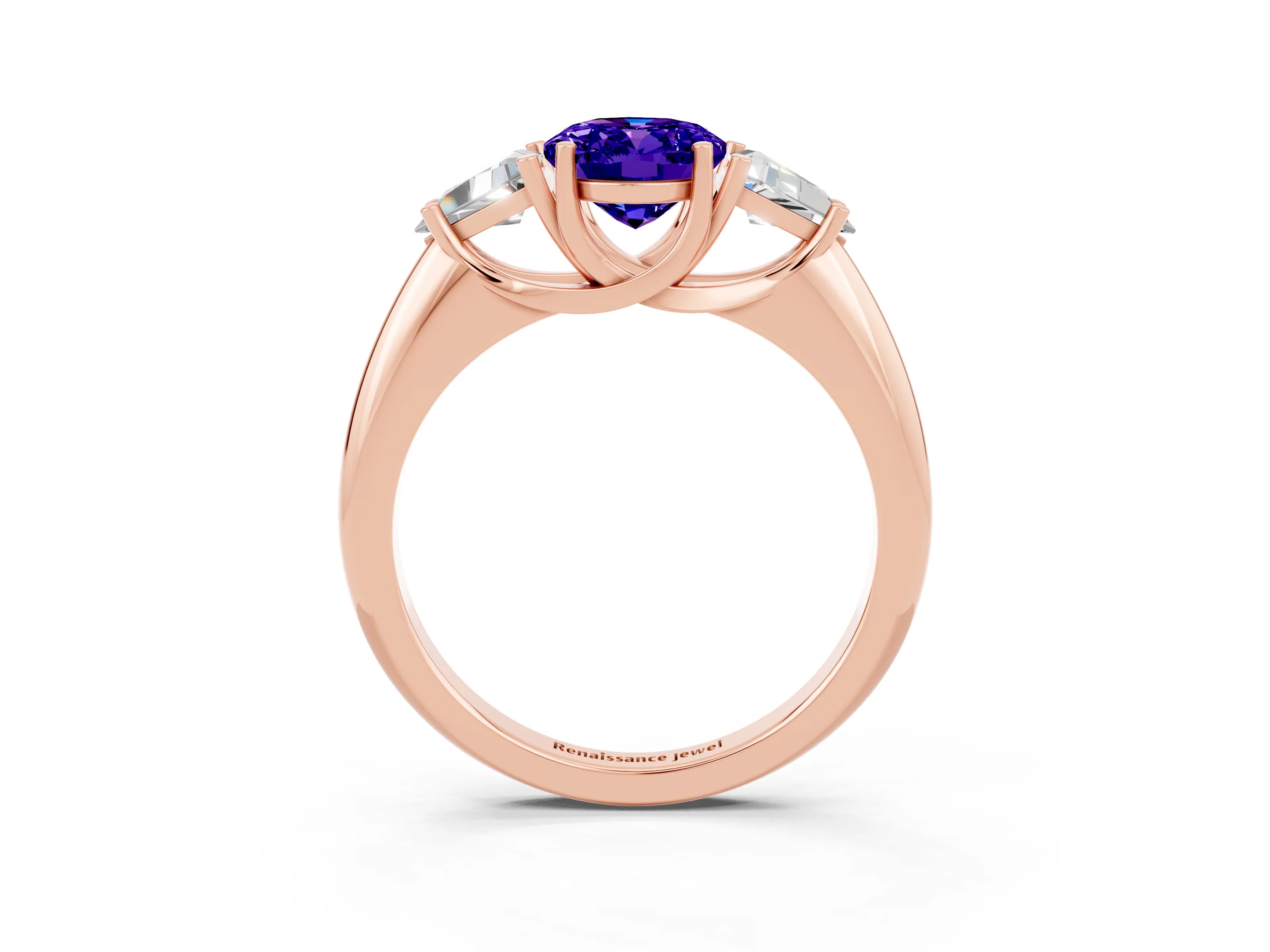 Rose gold Three-Stone Oval Cut Cut Diamond Ring with Trillion Side Stones and Four-Prong Setting_3