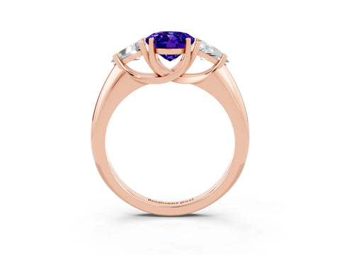 Rose gold Three-Stone Oval Cut Cut Diamond Ring with Trillion Side Stones and Four-Prong Setting_3