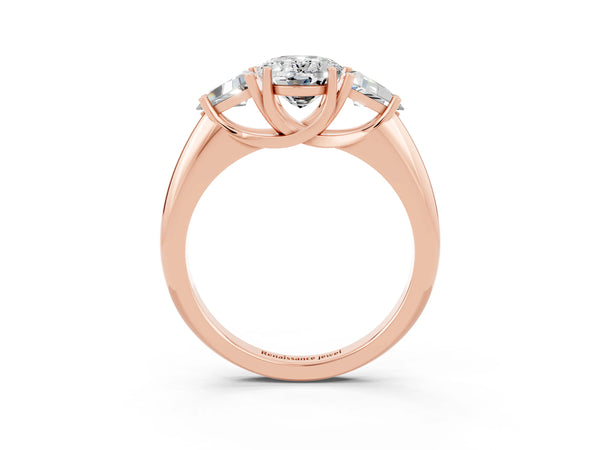 Rose gold Three-Stone Oval Cut Moissanite Engagement Ring with Trillion Side Stones and Prong Setting