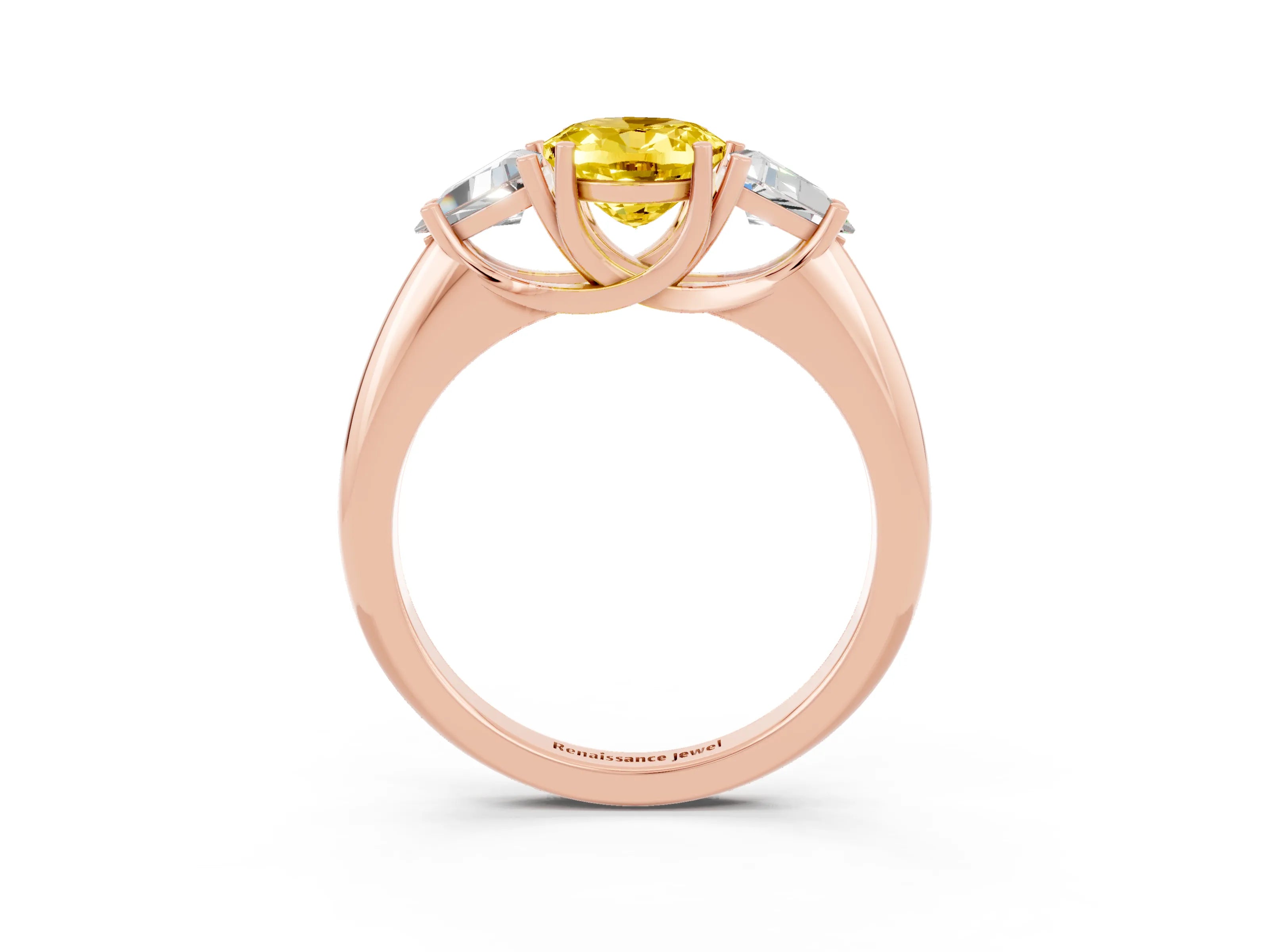 Rose gold Three-Stone Oval Cut Cut Diamond Ring with Trillion Side Stones and Four-Prong Setting_3