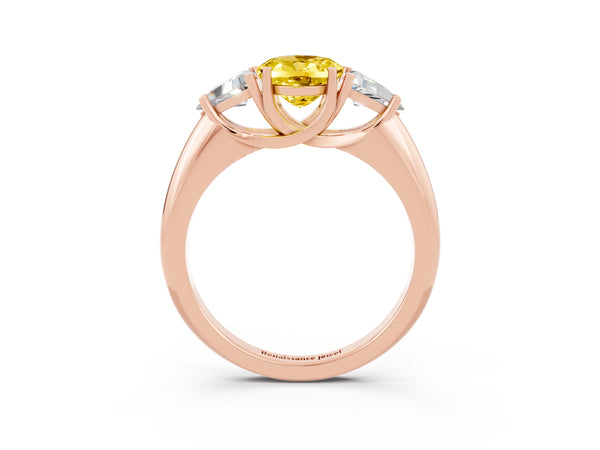 Rose gold Three-Stone Oval Cut Yellow Sapphire Engagement Ring with Trillion Side Stones and Prong Setting