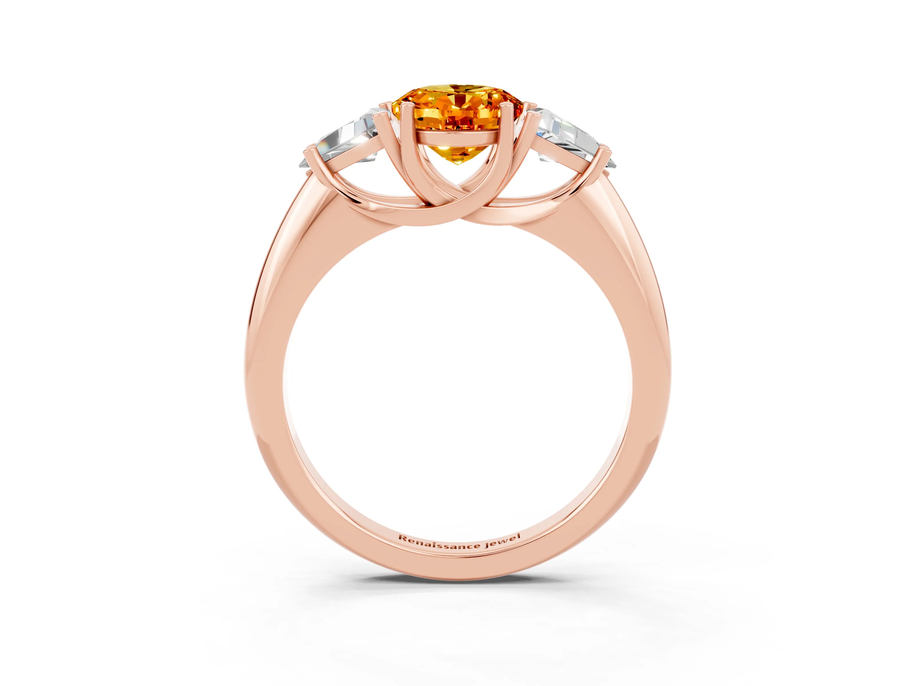 Rose gold Three-Stone Oval Cut Cut Diamond Ring with Trillion Side Stones and Four-Prong Setting_3