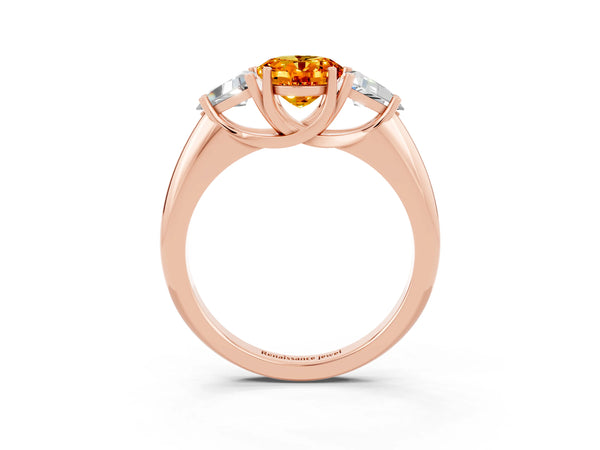 Rose gold Three-Stone Oval Cut Citrine Engagement Ring with Trillion Side Stones and Prong Setting