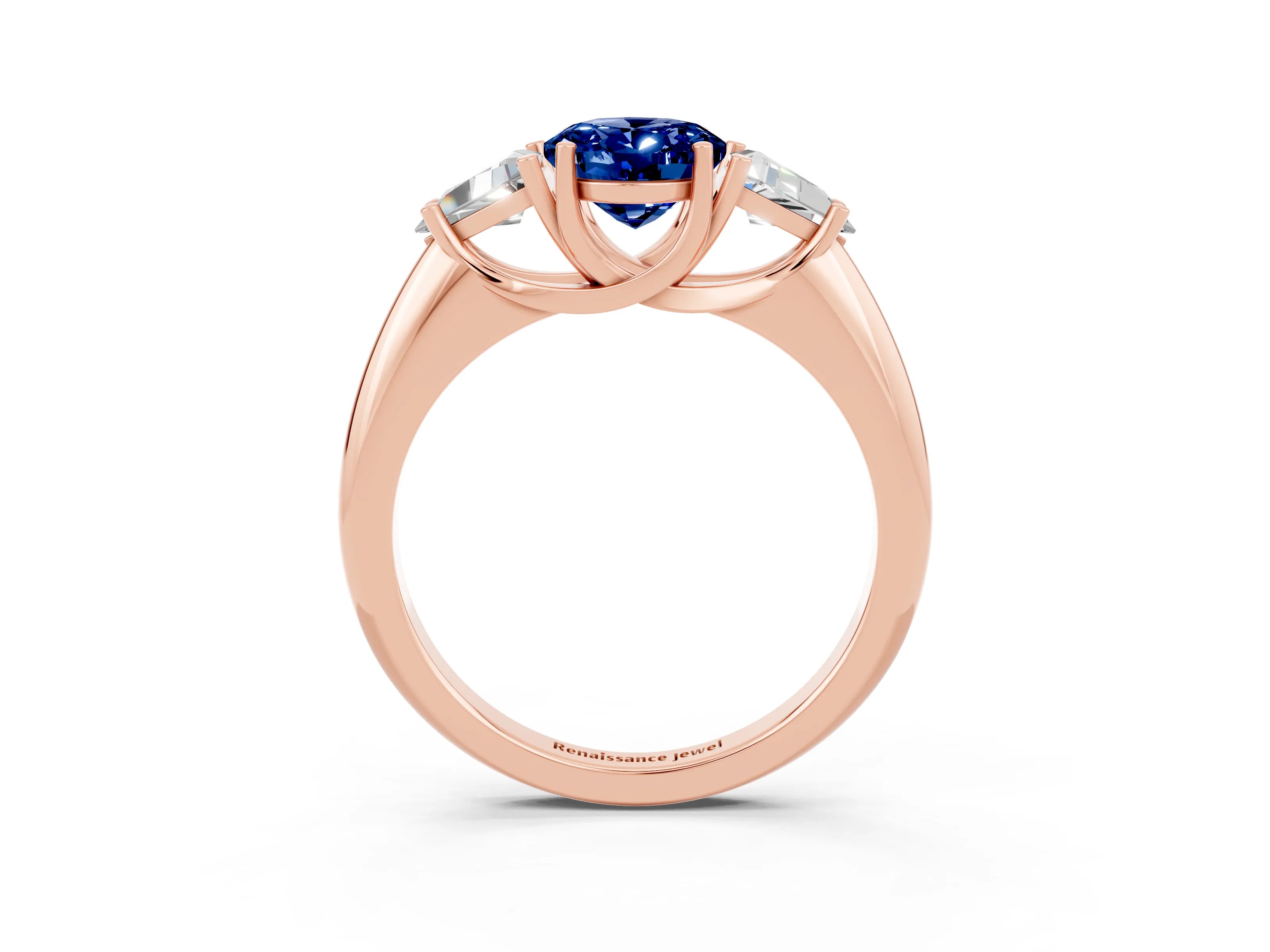 Rose gold Three-Stone Oval Cut Cut Diamond Ring with Trillion Side Stones and Four-Prong Setting_3