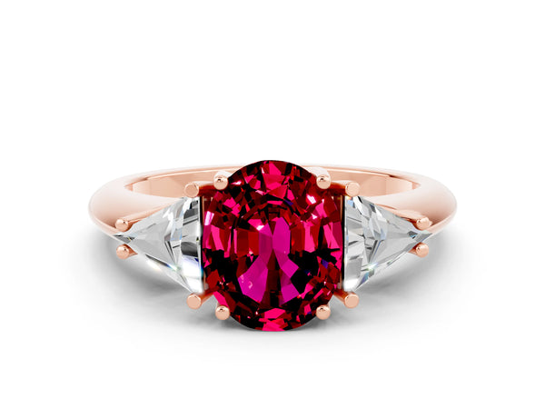 Rose gold Three-Stone Oval Cut Garnet Engagement Ring with Trillion Side Stones and Prong Setting