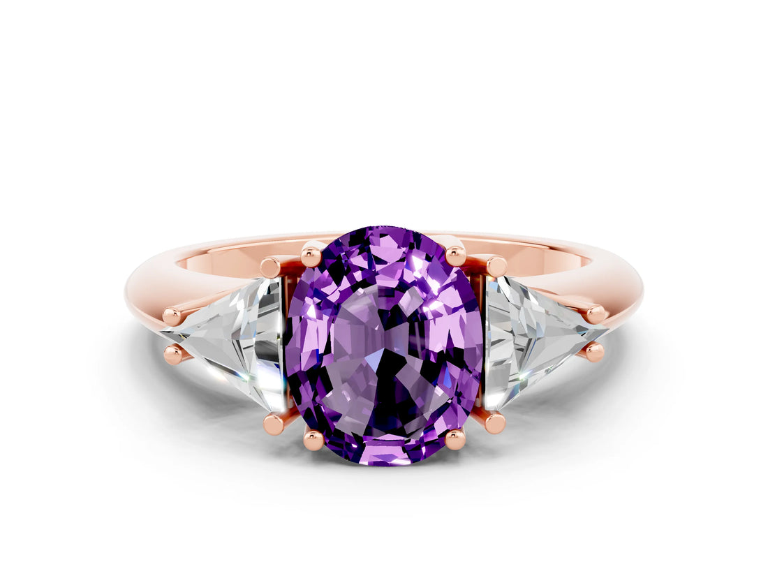 Rose gold Three-Stone Oval Cut Cut Diamond Ring with Trillion Side Stones and Four-Prong Setting