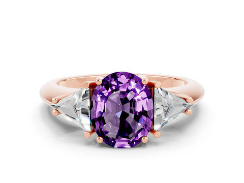 Rose gold Three-Stone Oval Cut Cut Diamond Ring with Trillion Side Stones and Four-Prong Setting