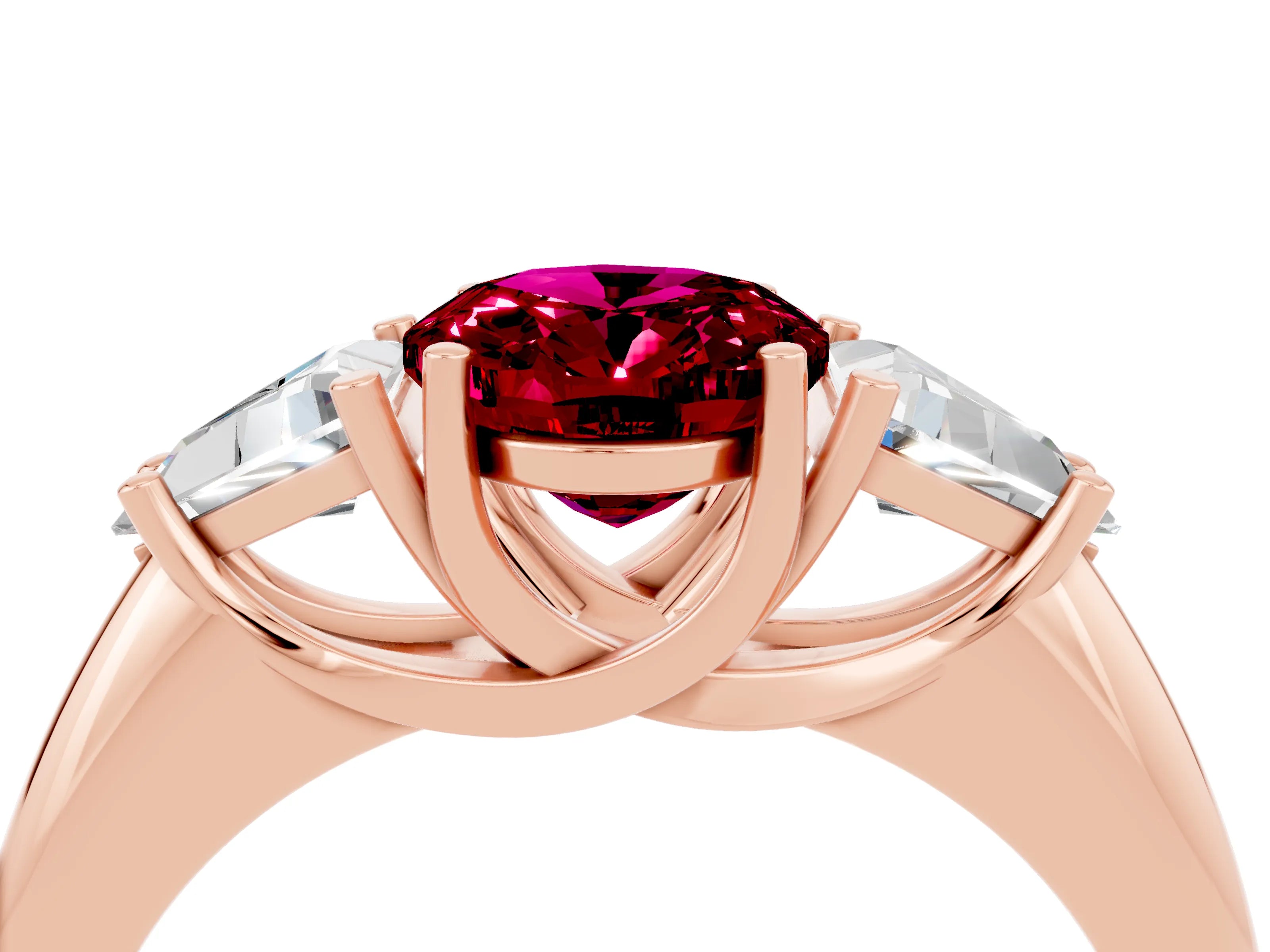 Rose gold Three-Stone Oval Cut Cut Diamond Ring with Trillion Side Stones and Four-Prong Setting_4