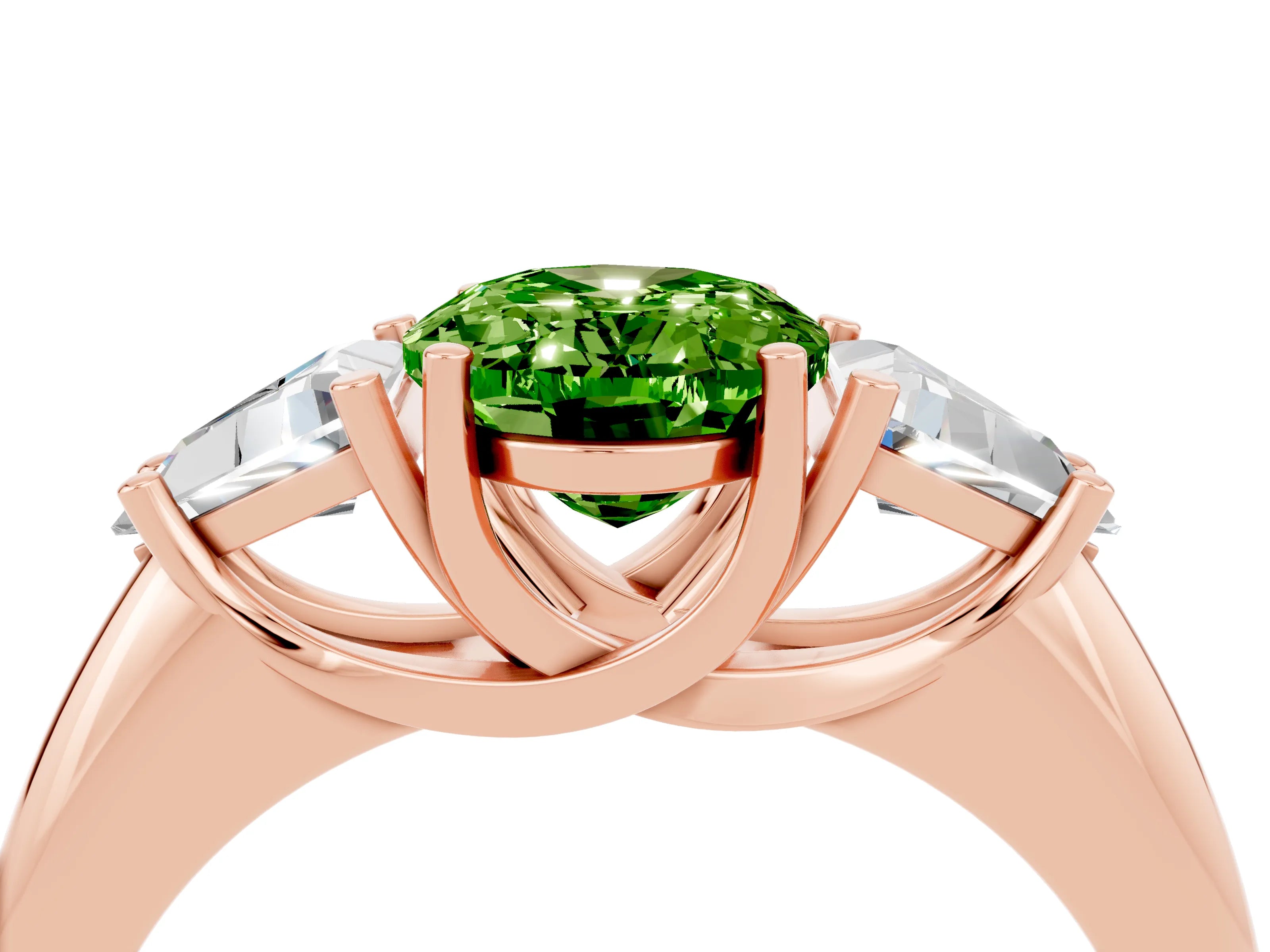 Rose gold Three-Stone Oval Cut Cut Diamond Ring with Trillion Side Stones and Four-Prong Setting_4