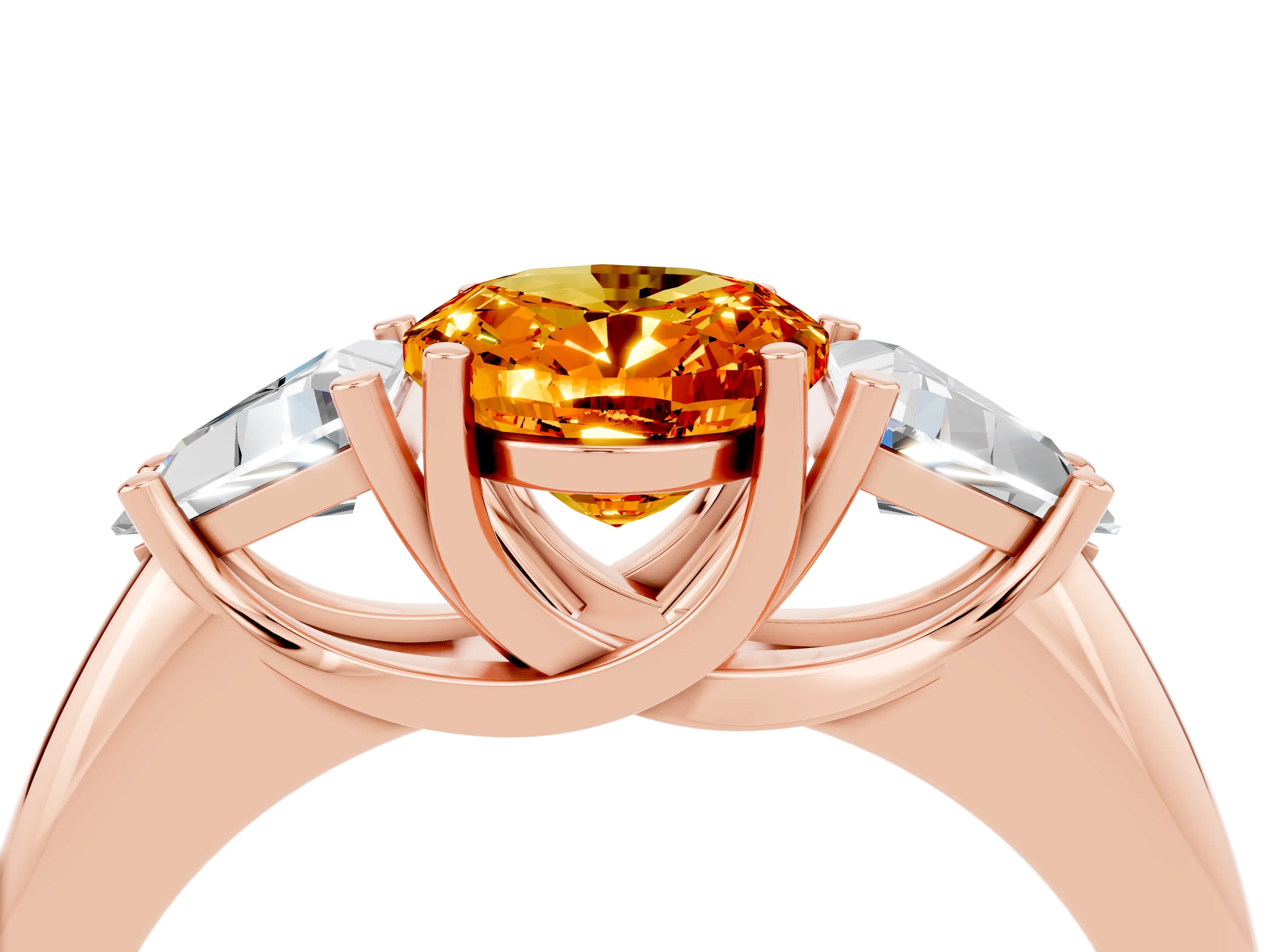 Rose gold Three-Stone Oval Cut Cut Diamond Ring with Trillion Side Stones and Four-Prong Setting_4