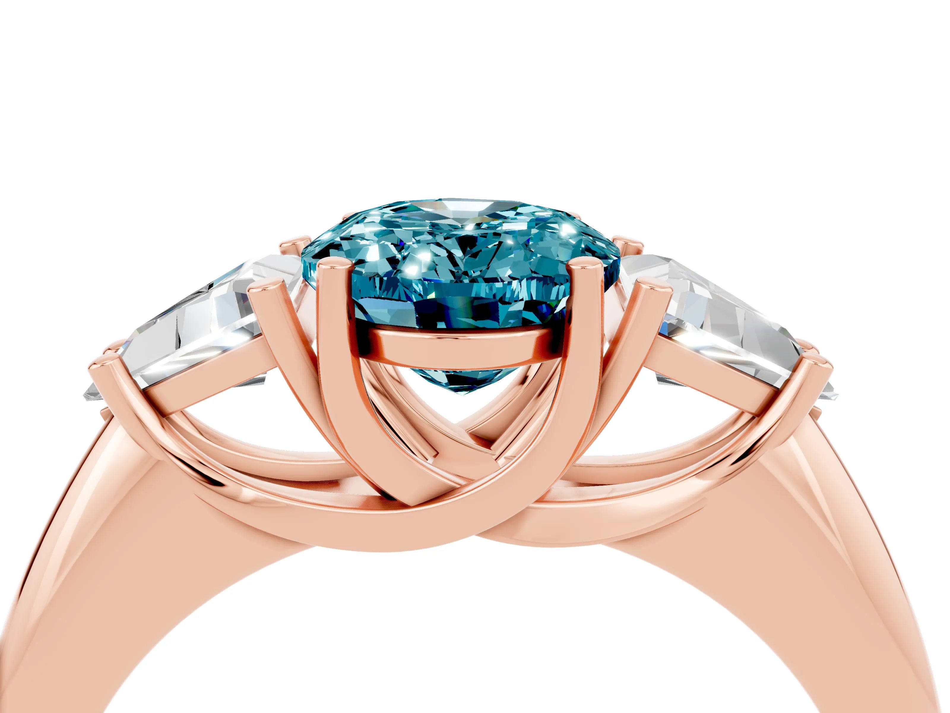 Rose gold Three-Stone Oval Cut Cut Diamond Ring with Trillion Side Stones and Four-Prong Setting_4