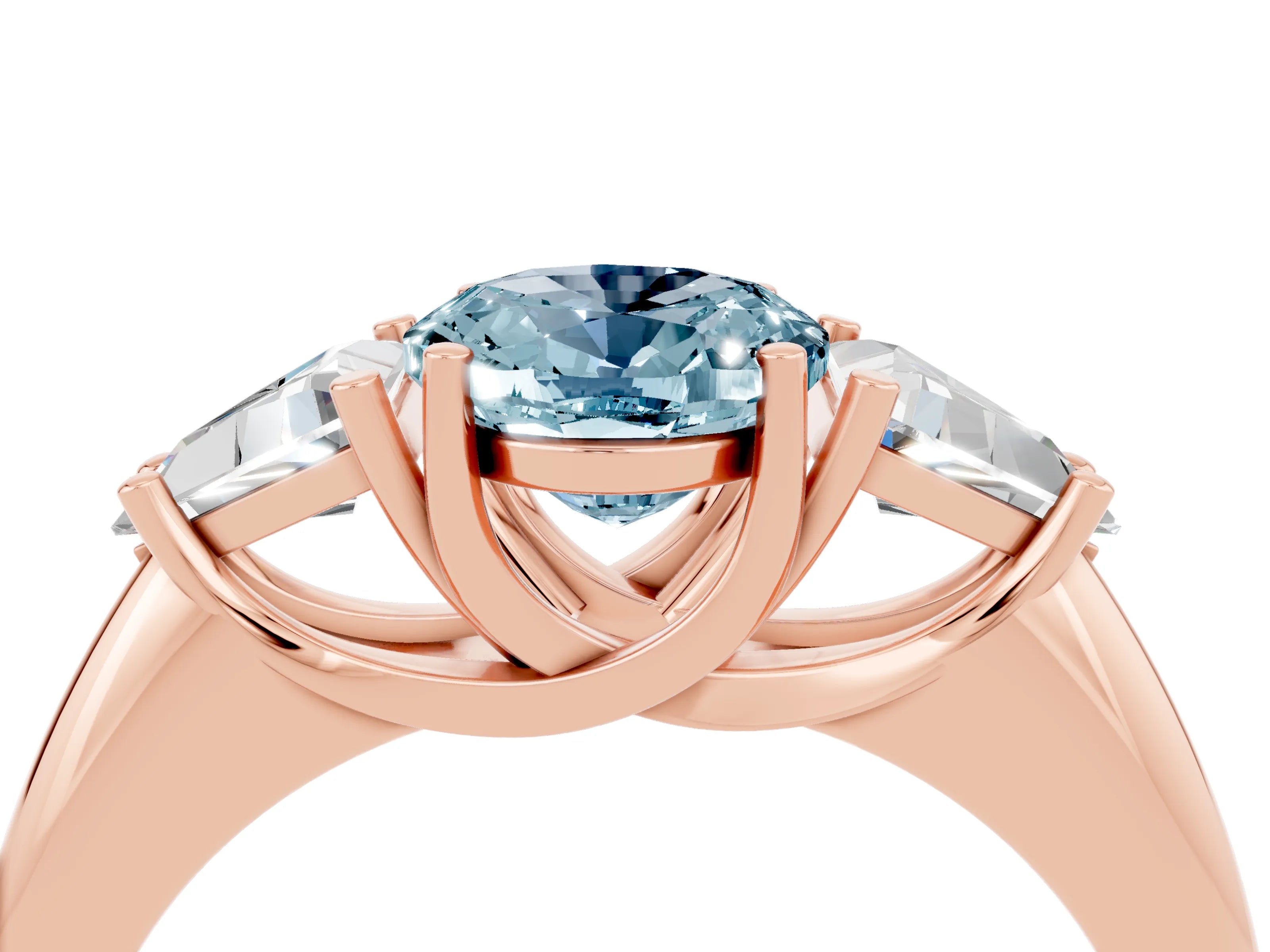 Rose gold Three-Stone Oval Cut Cut Diamond Ring with Trillion Side Stones and Four-Prong Setting_4
