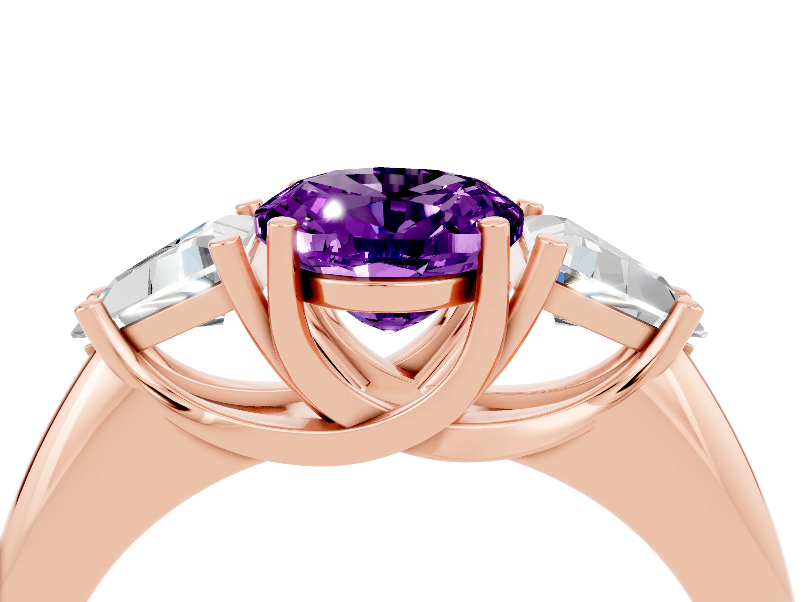 Rose gold Three-Stone Oval Cut Cut Diamond Ring with Trillion Side Stones and Four-Prong Setting_4